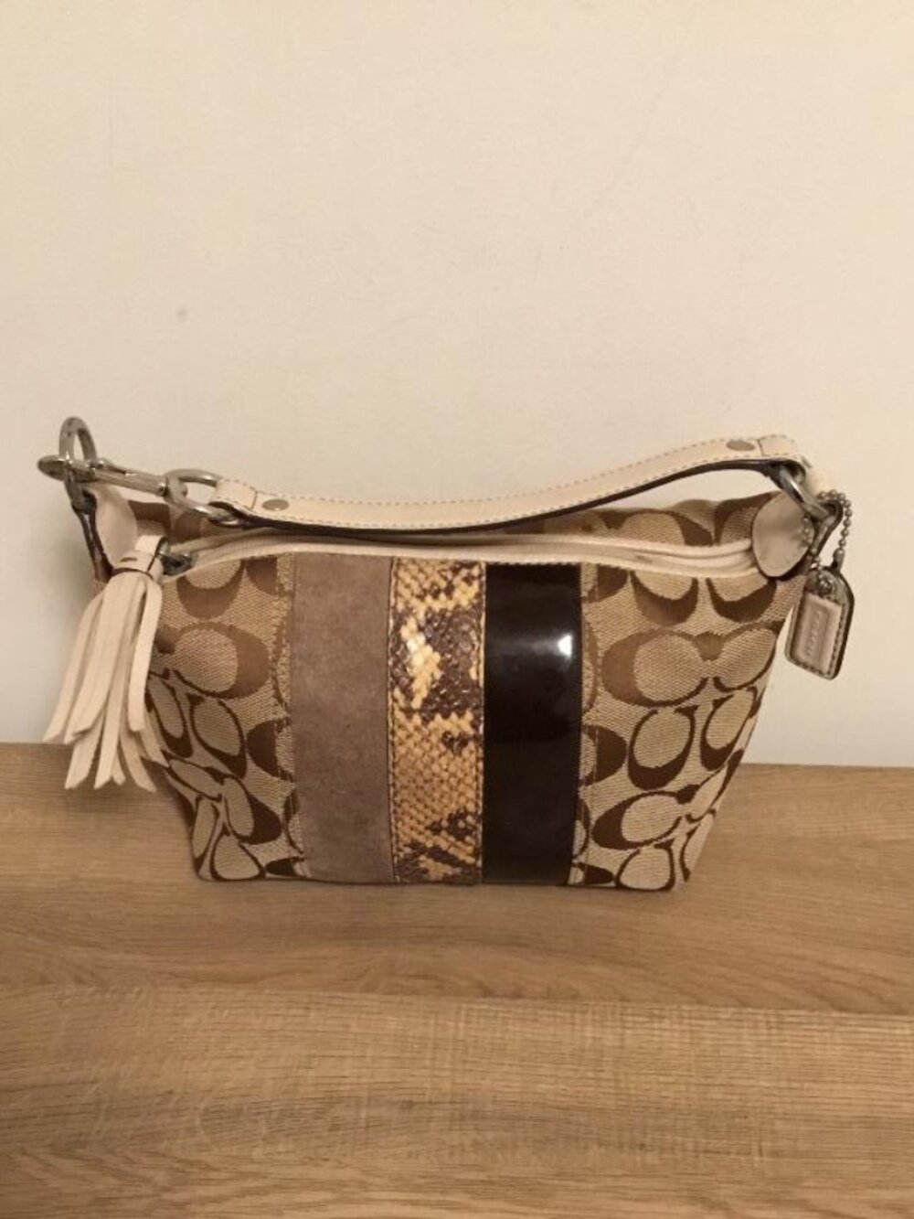 Coach Signature Mini Hobo Striped Patchwork Shoulder Bag w/Tassle & Hangtag